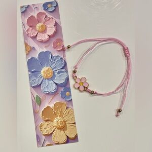 Pink Flower Cord Bracelet with Enameled Daisy Charm and Matching Bookmark